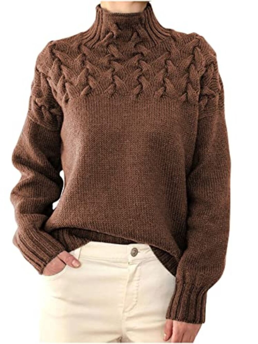 🆕 Cable Knitted Sweaters Women Mock Neck Chunky Knit Jumper Casual Trendy